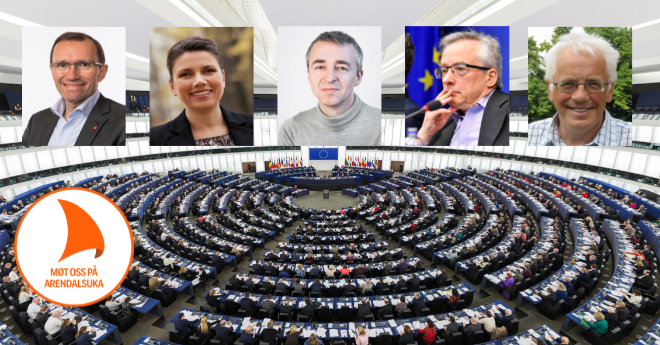 The European parliament and five portrait images of the panelists.
