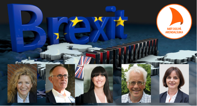 Europe map with large blue letters spelling "Brexit" and falling domino pieces of the British flag. Portrait pictures of the five panelists.