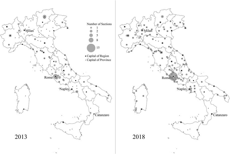 Figure 1. Local sections of CasaPound Italia: geographical distribution in 2013 and 2018