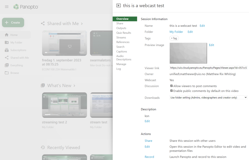 Image contains: screenshot of webcast setup in Panopto