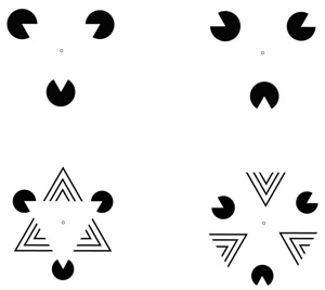 Fire illustrasjoner hvor visse sammenstillinger av pacman-former gir en illusjon av konturer rundt en hvit trekant. Når pacman-formene snus, forsvinner illusjonen. Den hvite trekantillusjonen skapte også pupillsammentrekninger, men ikke like kraftige som «Morning sunlight». Figurer: Bruno Laeng og Tor Endestad