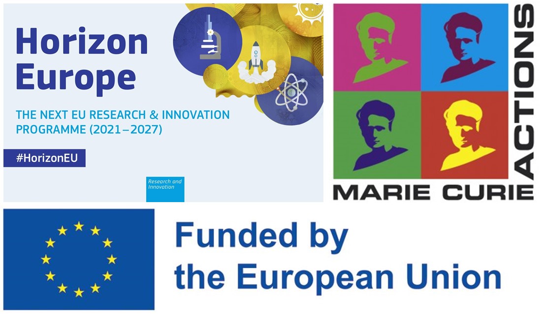 Horizon Europe-logo, Marie Curie-actions-logo og EU-flagg 