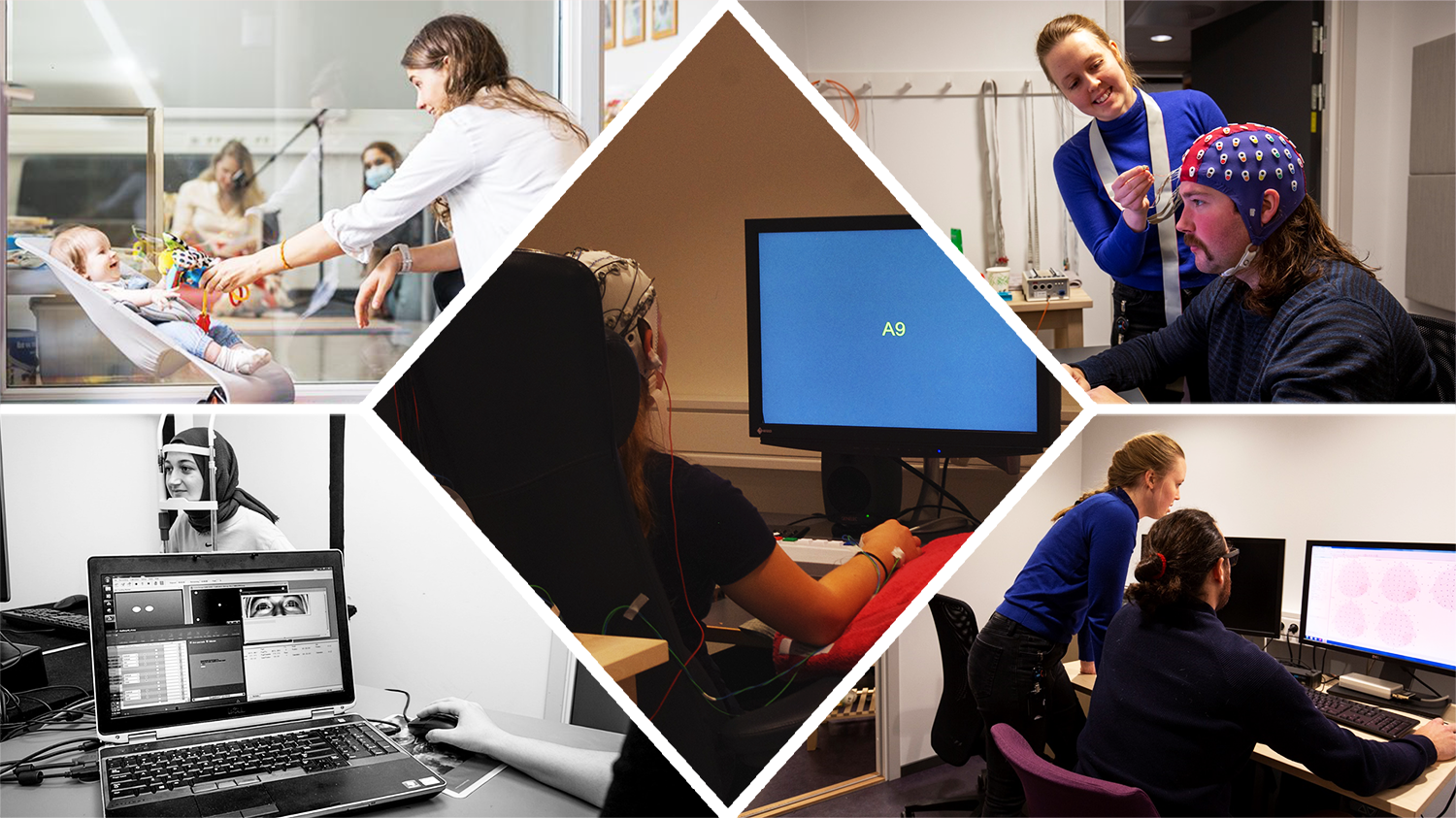 Collage of various lab and research pictures. Woman in lab coat playing with baby; Woman preparing a man for an EEG session; Woman and man monitoring signals on a computer screen; Woman with EEG cap doing a computerised task; Woman resting her head on a chin rest ready for an eyetracking session.