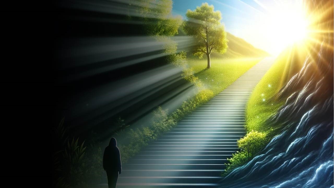 Dark person walks towards a staircase that leads out of a dark cave into sunlight and open nature.
