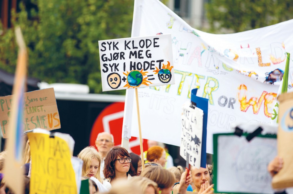 A picture from a school strike fo climate with a poster that reads "a sick planet makes me sick in the head."