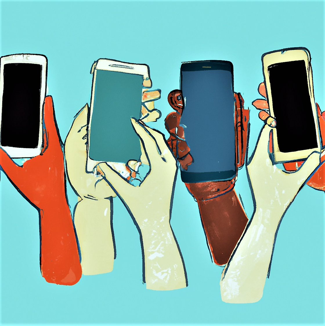 En illustrasjon av hender som holder smarttelefoner