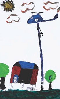 tegning av et helikopter med en person som henge ri en stige under helikopteret