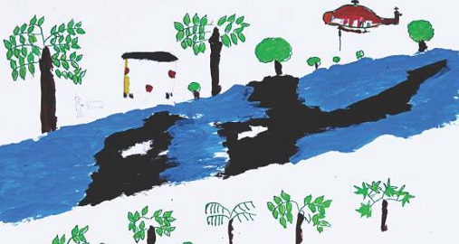 tegning av en elv, trær, oljesøl og et helikopter