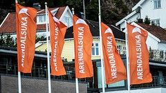 Fem oransje flagg med Arendalsukas logo.
